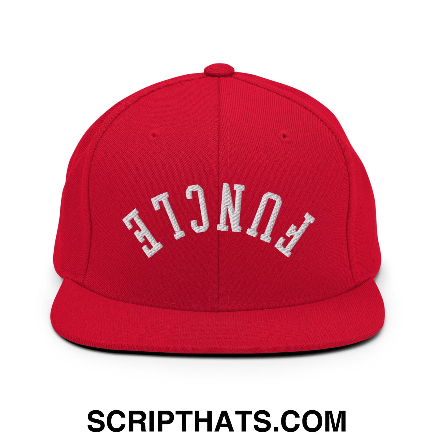 Red snapback cap with white embroidered funcl lettering in an arched design flat bill brim snapback hat