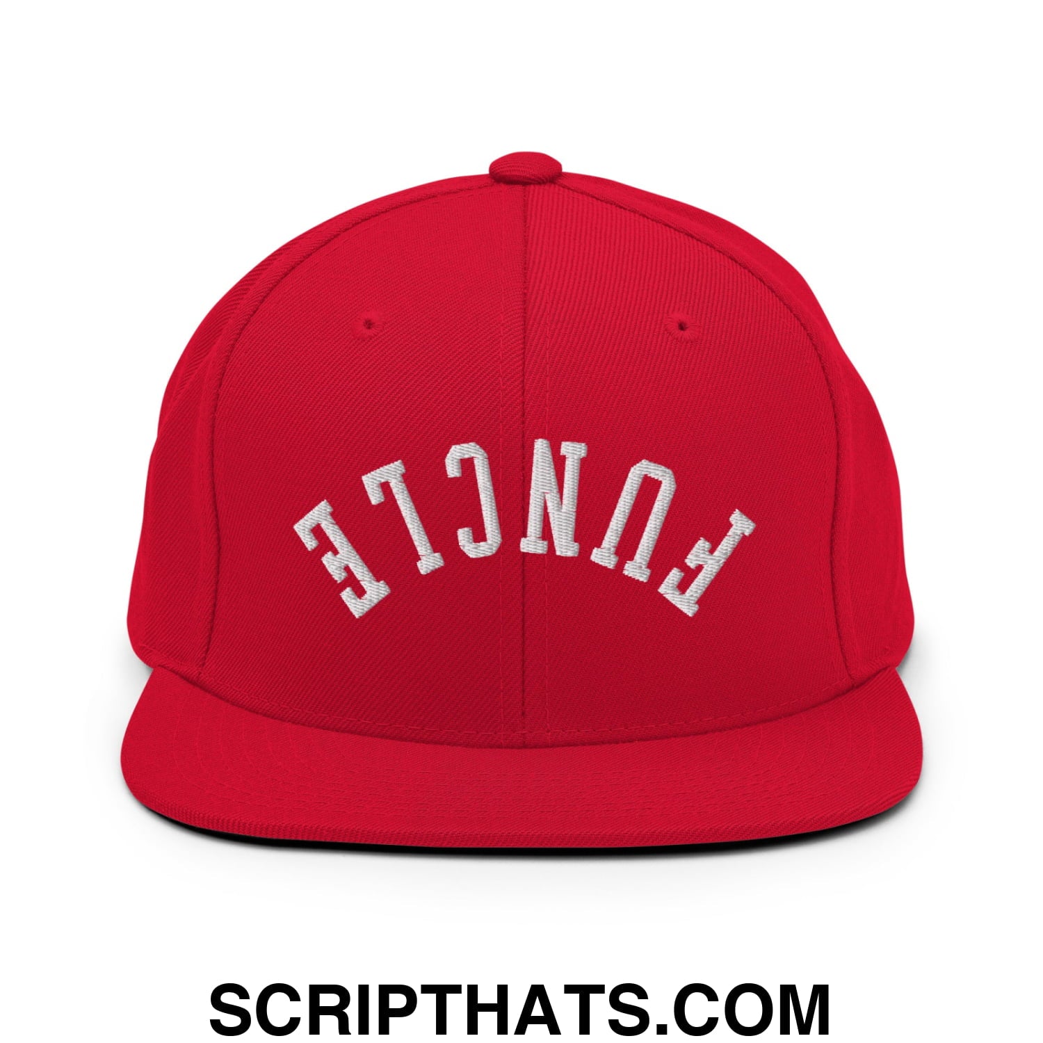 Red snapback cap with white embroidered funcl lettering in an arched design flat bill brim snapback hat