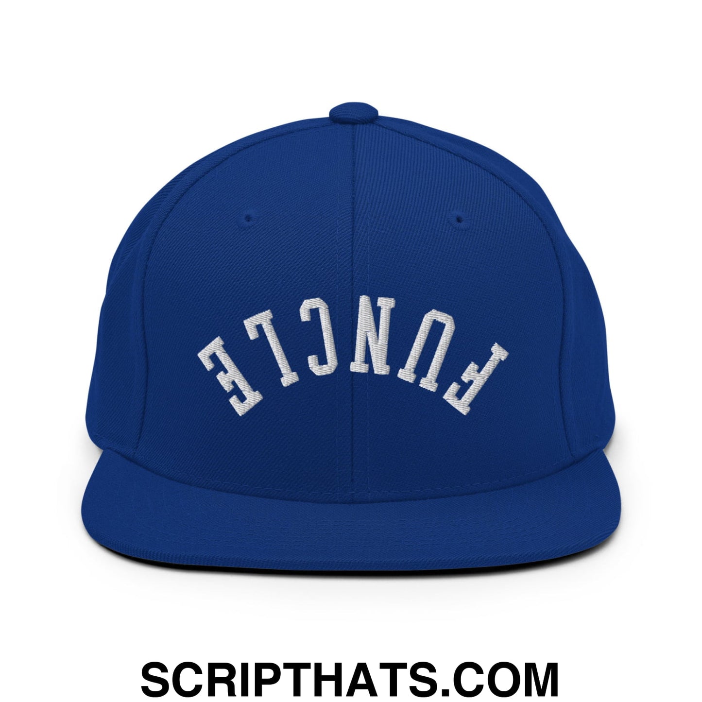 Royal blue flat bill snapback hat with white embroidered fence lettering in a classic arched design