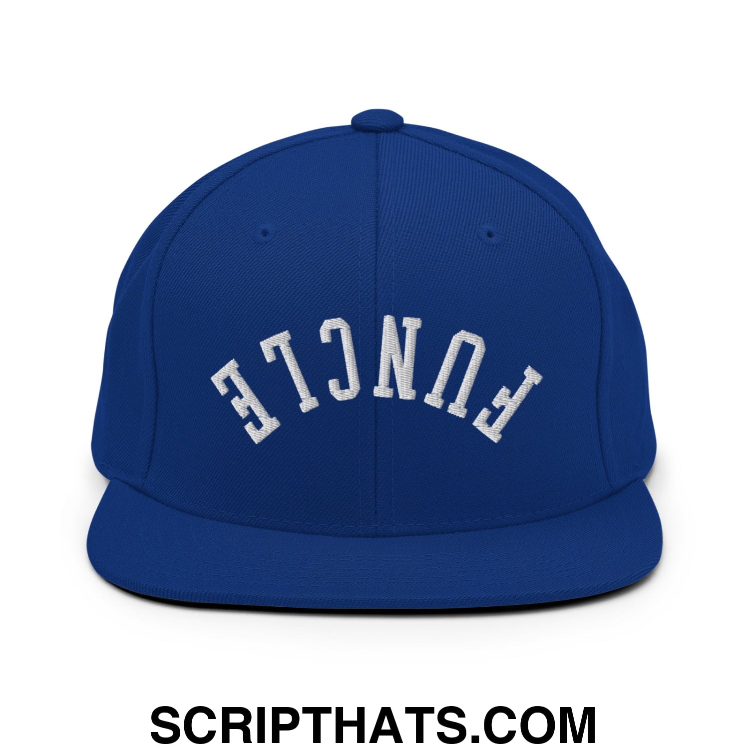 Royal blue flat bill snapback hat with white embroidered fence lettering in a classic arched design