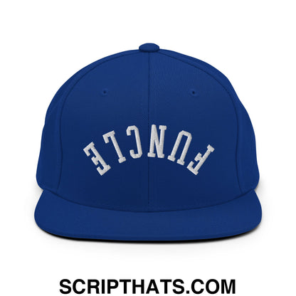 Royal blue flat bill snapback hat with white embroidered fence lettering in a classic arched design