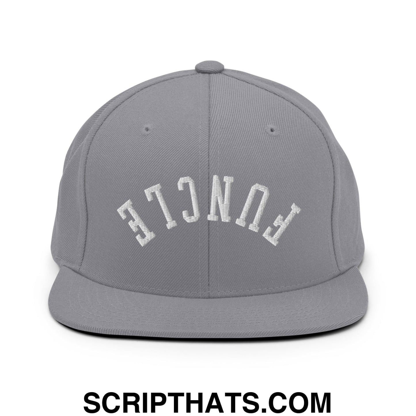 Gray snapback cap with white embroidered fence lettering and flat bill brim from upside down funcle collection