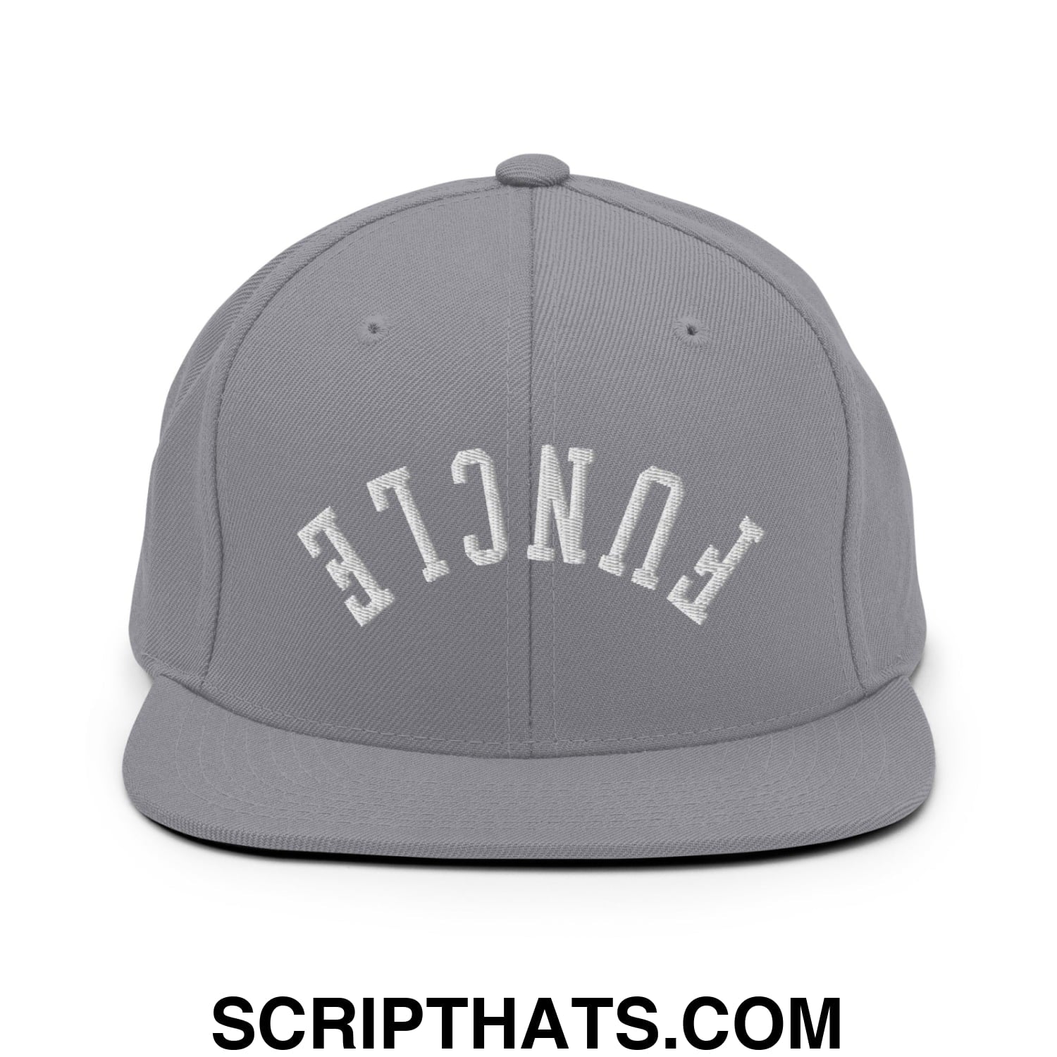 Gray snapback cap with white embroidered fence lettering and flat bill brim from upside down funcle collection