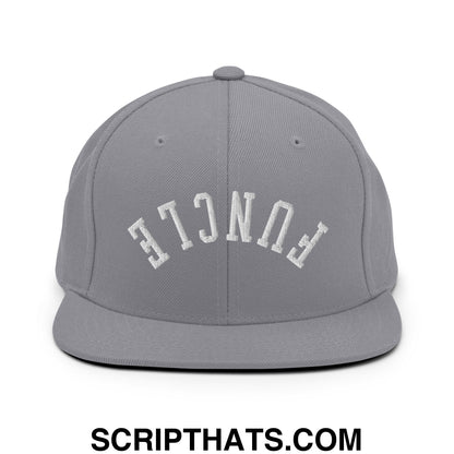 Gray snapback cap with white embroidered fence lettering and flat bill brim from upside down funcle collection
