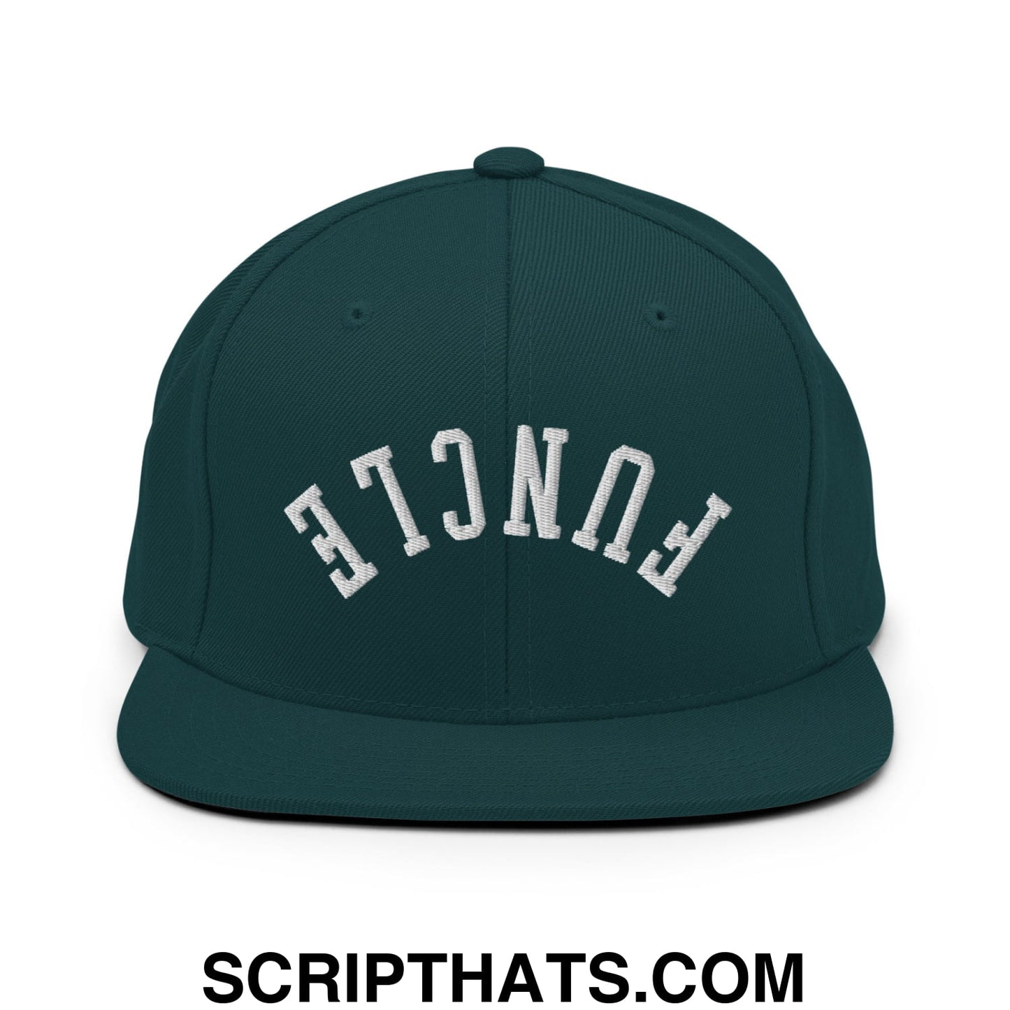 Dark green snapback hat with white embroidered funcl lettering and flat bill brim in an arched design