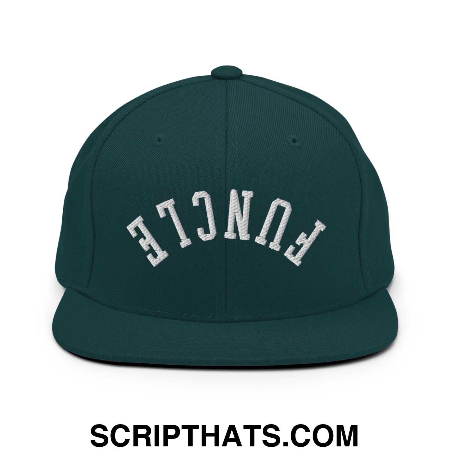 Dark green snapback hat with white embroidered funcl lettering and flat bill brim in an arched design