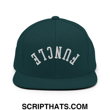 Dark green snapback hat with white embroidered funcl lettering and flat bill brim in an arched design