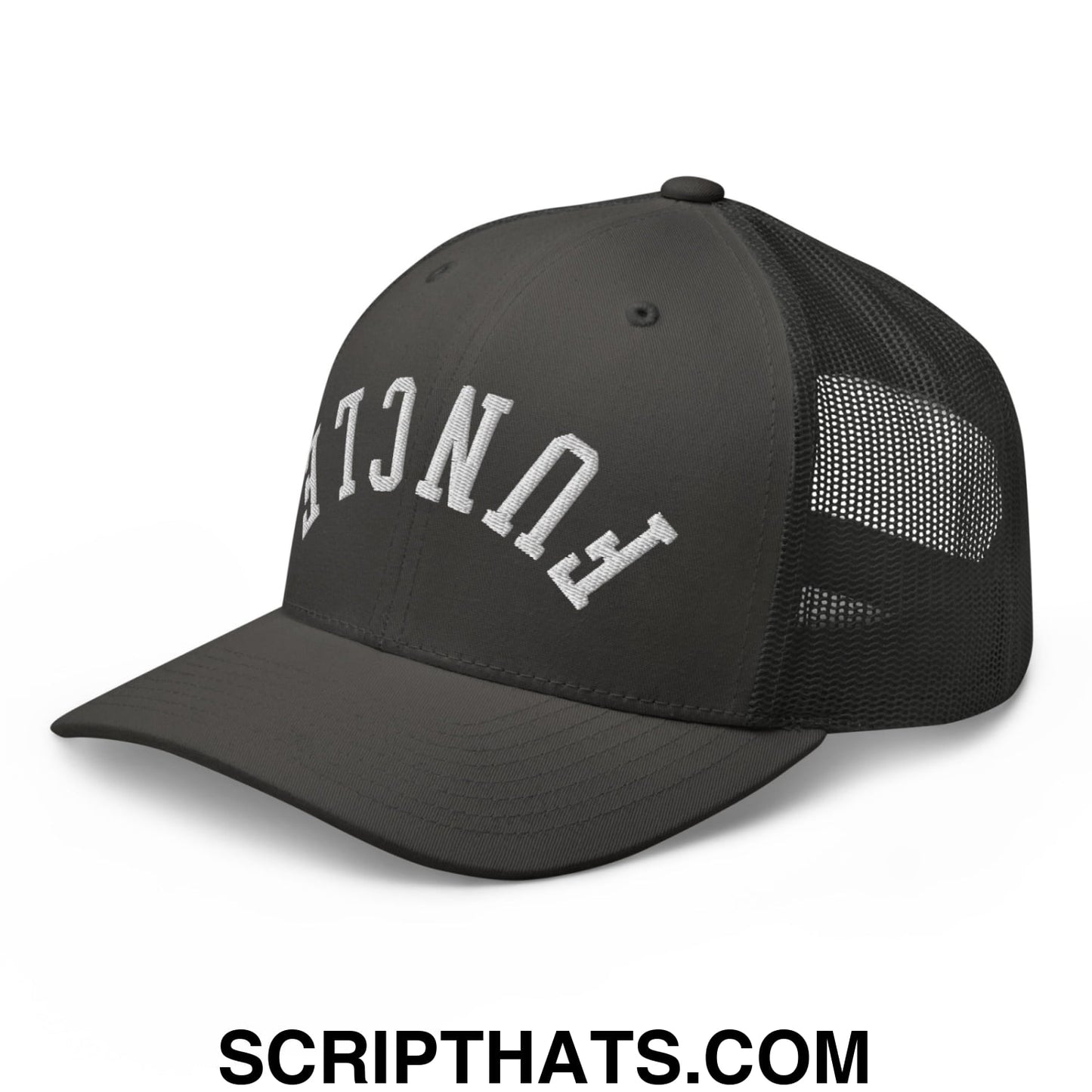 Black mesh trucker hat with white embroidered funcl lettering on front in upside down funcle design