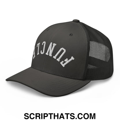 Black mesh trucker hat with white embroidered funcl lettering on front in upside down funcle design