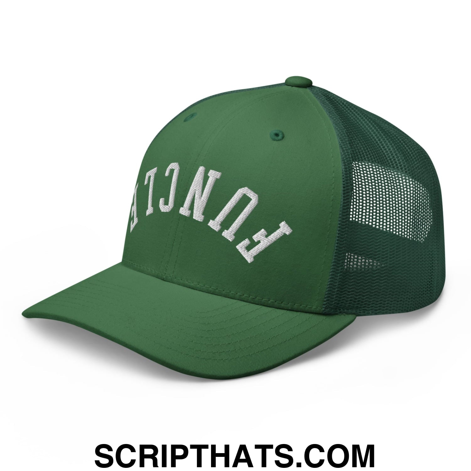 Green mesh trucker hat with white embroidered funcl lettering front on upside down funcle embroidered design