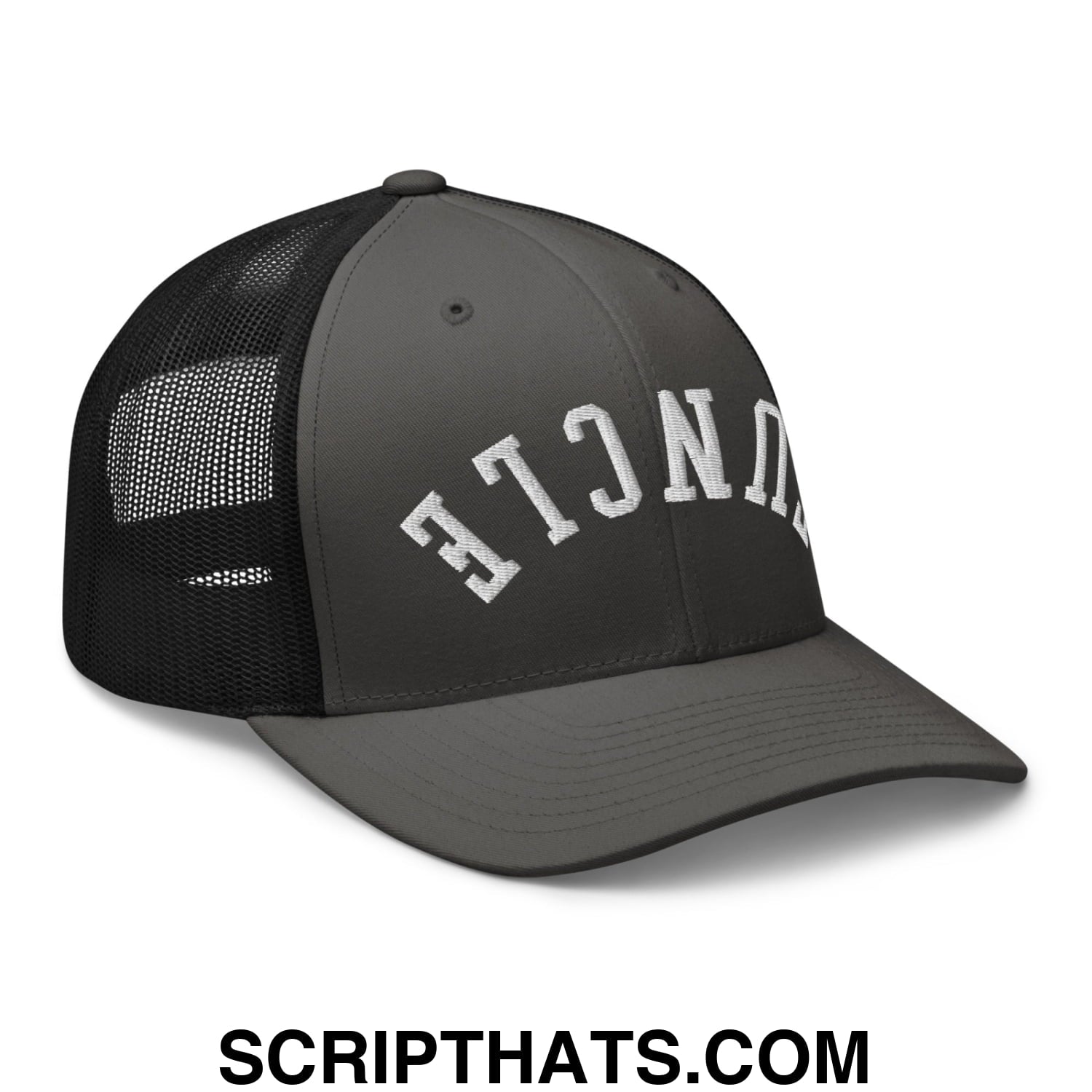 Dark gray mesh trucker hat with white embroidered lettering spelling uncle on the front panel