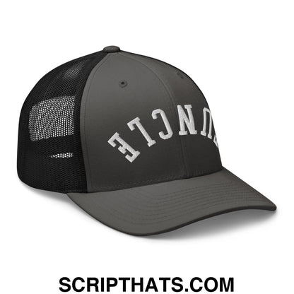 Dark gray mesh trucker hat with white embroidered lettering spelling uncle on the front panel