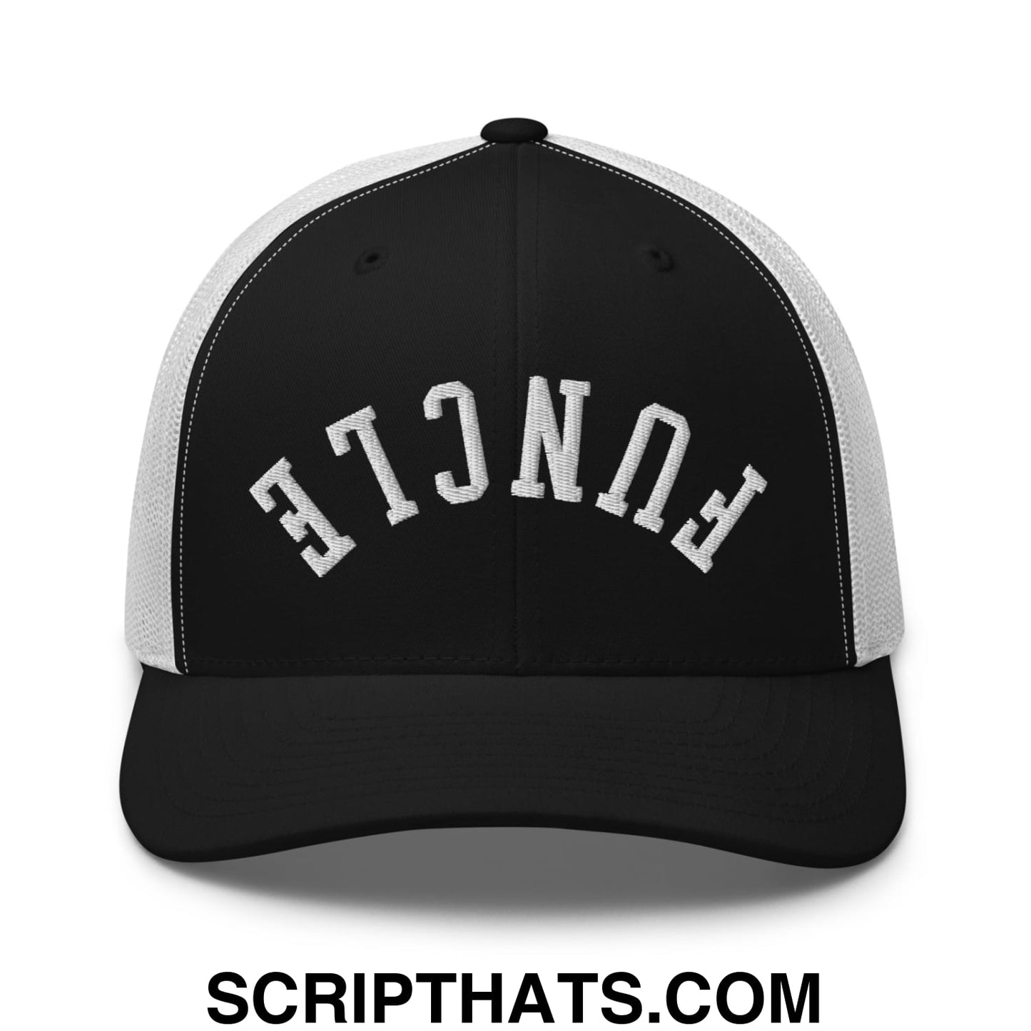 Black and white mesh trucker hat with funcle embroidered in bold white lettering on front panel