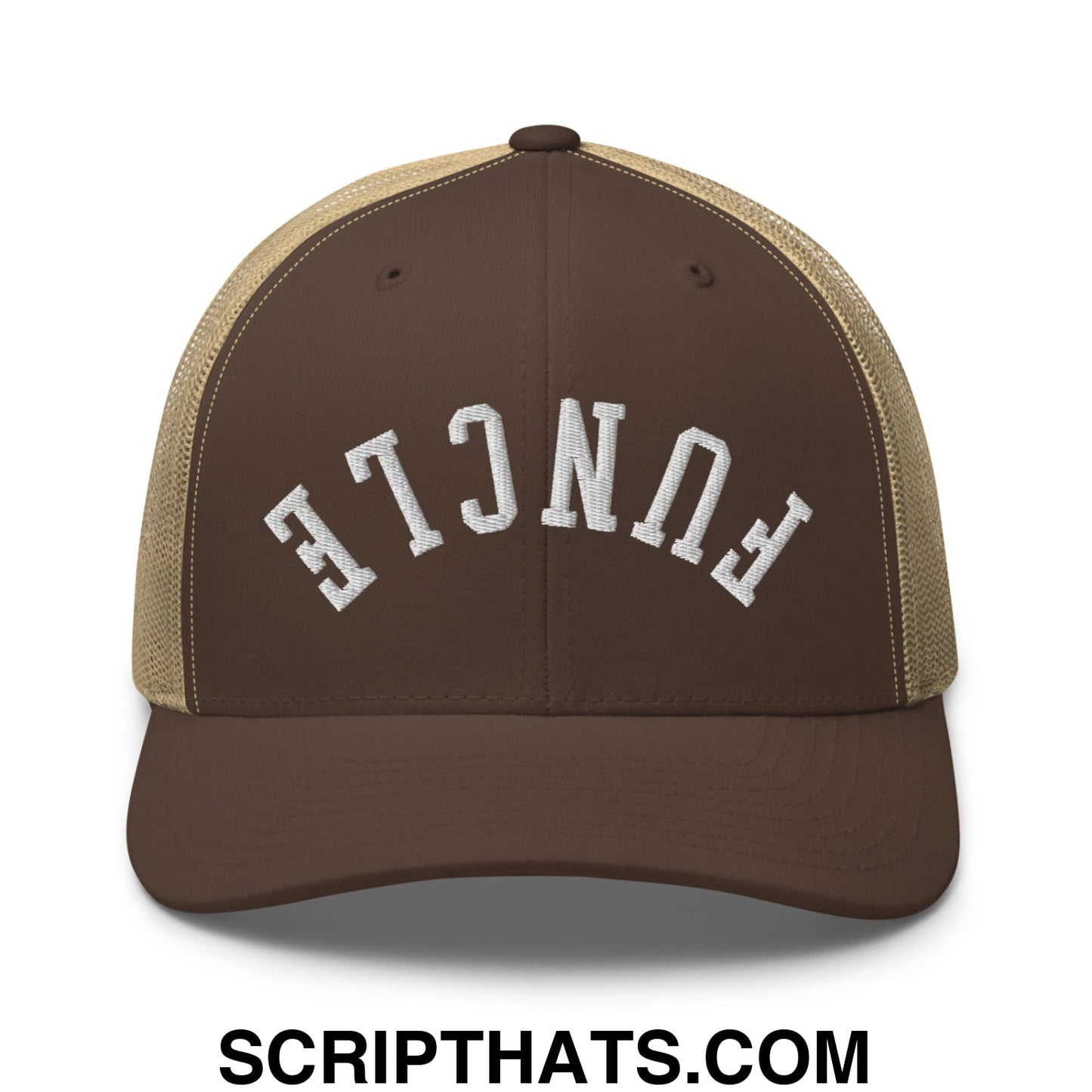 Brown and tan mesh trucker hat with white embroidered functe lettering from upside down funcle collection