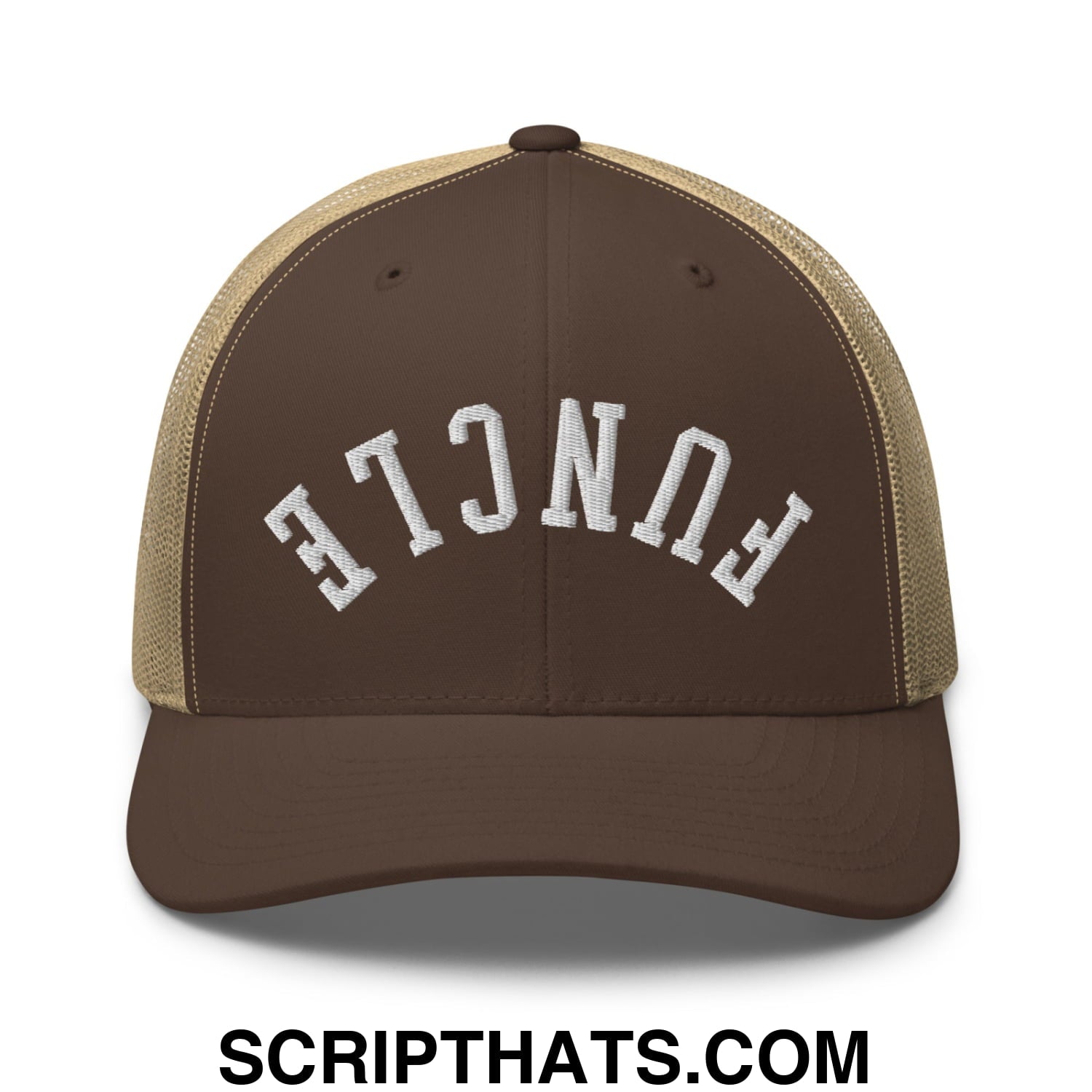 Brown and tan mesh trucker hat with white embroidered functe lettering from upside down funcle collection