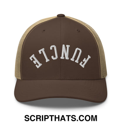 Brown and tan mesh trucker hat with white embroidered functe lettering from upside down funcle collection