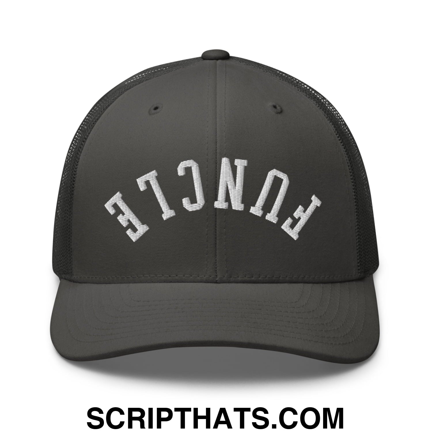Dark gray mesh trucker hat with white embroidered funcle lettering in an arched design for casual wear