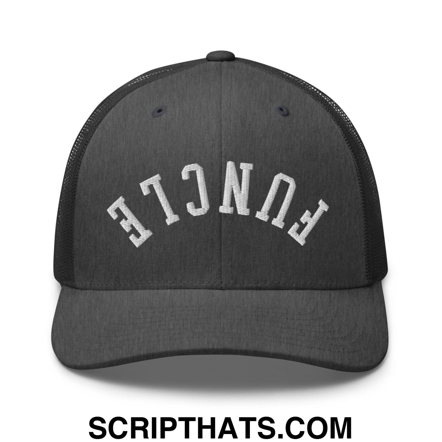 Black mesh trucker hat with white embroidered functe lettering in an arched design for casual wear