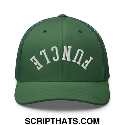 A dark green mesh trucker hat with white embroidered funcle lettering in an arched design