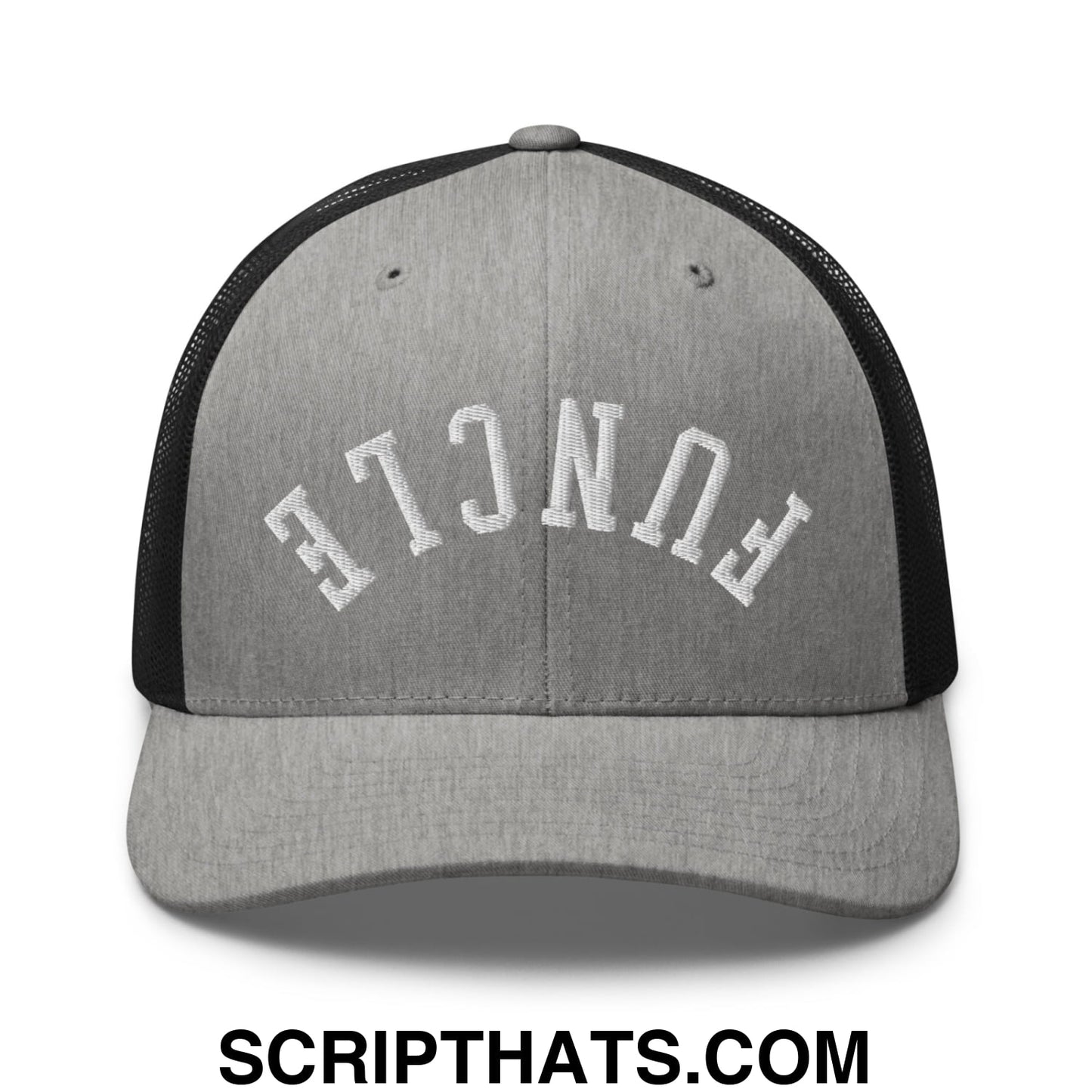 Gray and black mesh trucker hat with white embroidered funcle lettering across the front for casual wear