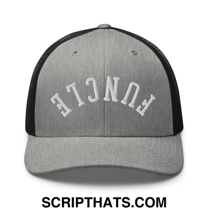 Gray and black mesh trucker hat with white embroidered funcle lettering across the front for casual wear