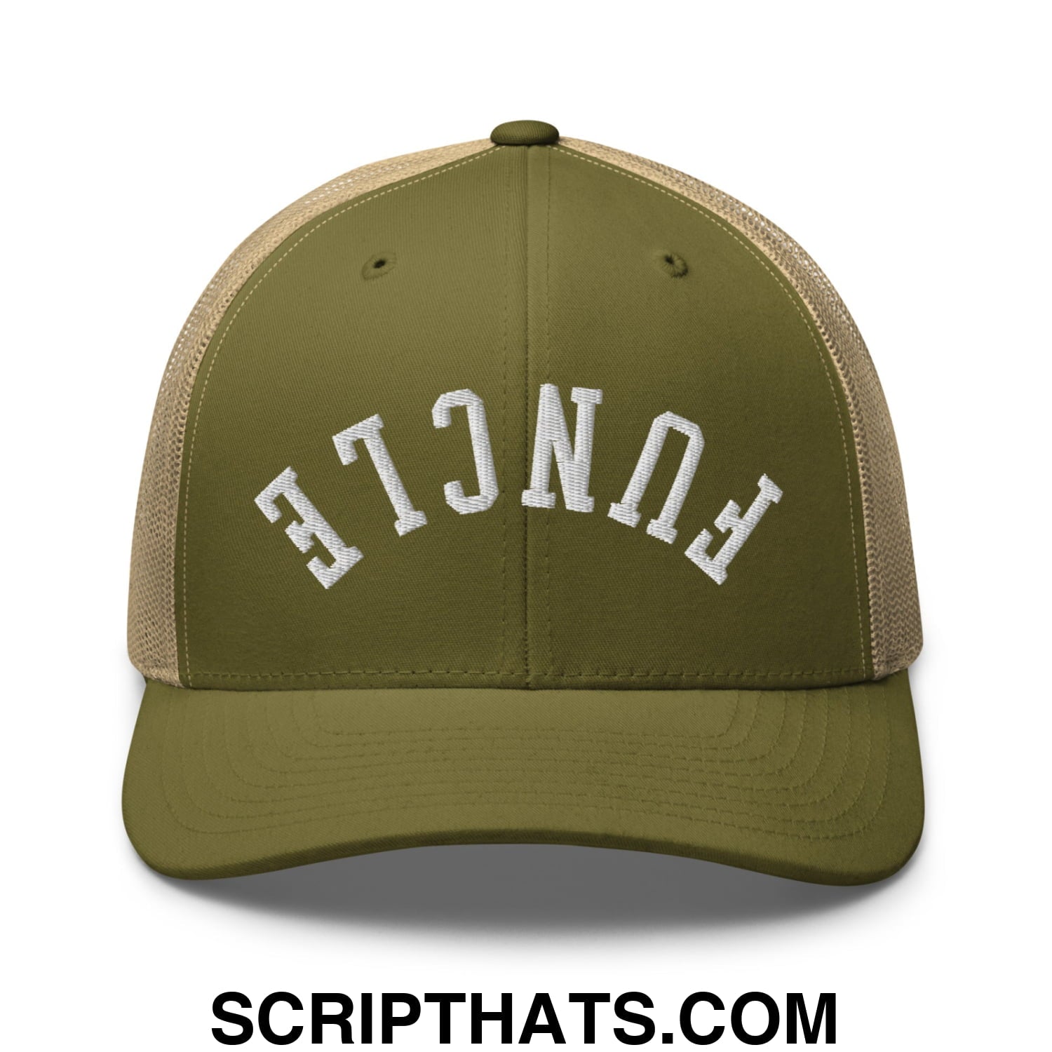 Olive green and tan mesh trucker hat with white embroidered fence lettering from upside down funcle collection
