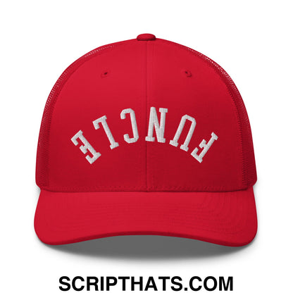 Red mesh trucker hat with white embroidered funcle lettering on front panel in upside down style
