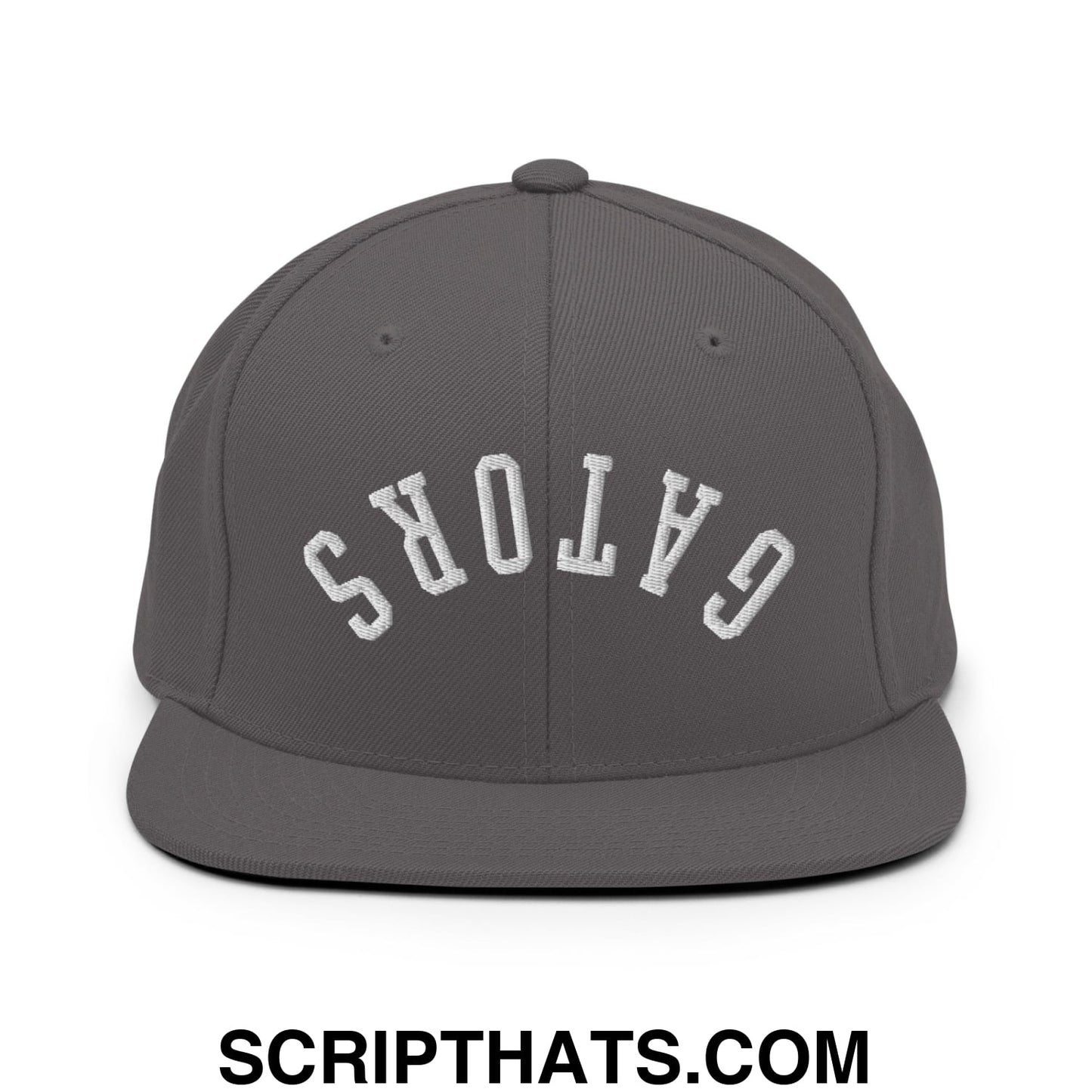 Gray snapback cap with white embroidered gators lettering in an arched design and flat bill brim