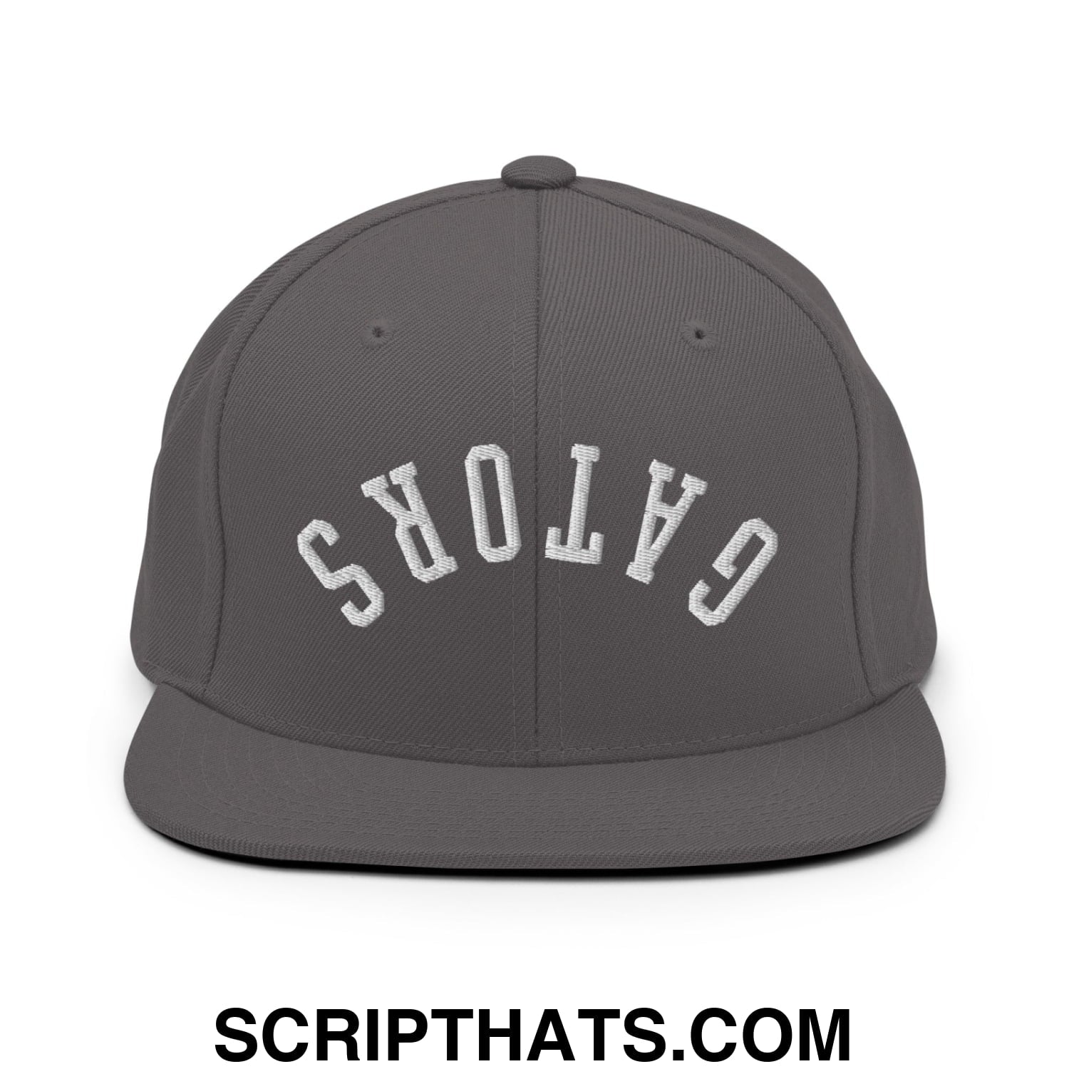 Gray snapback cap with white embroidered gators lettering in an arched design and flat bill brim