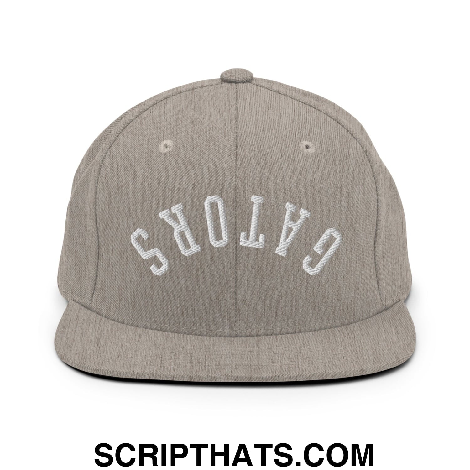 Gray heather snapback hat with flat bill brim featuring white embroidered Gators lettering