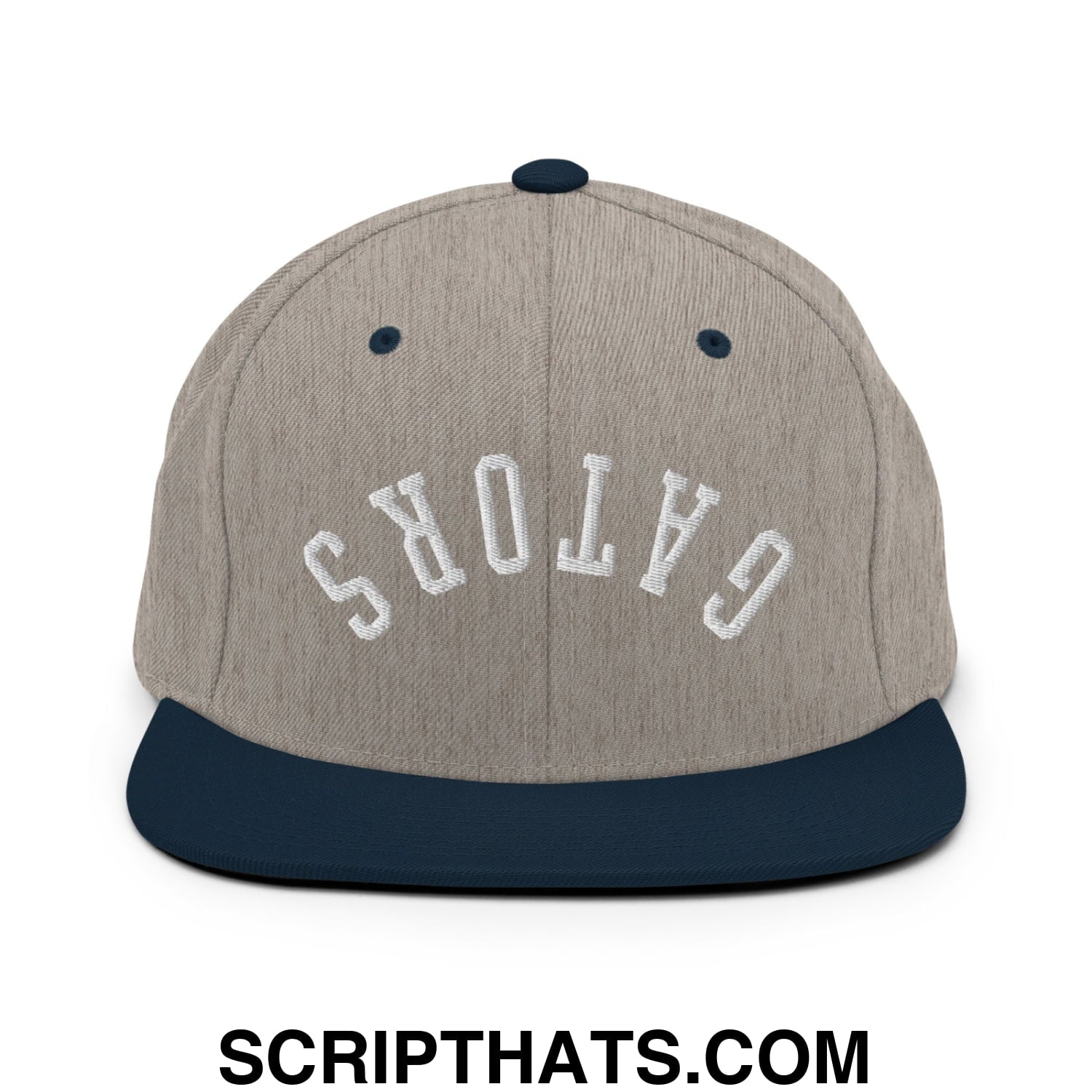 Gray and navy blue snapback hat with upside down gators embroidered in white arched lettering on flat bill brim