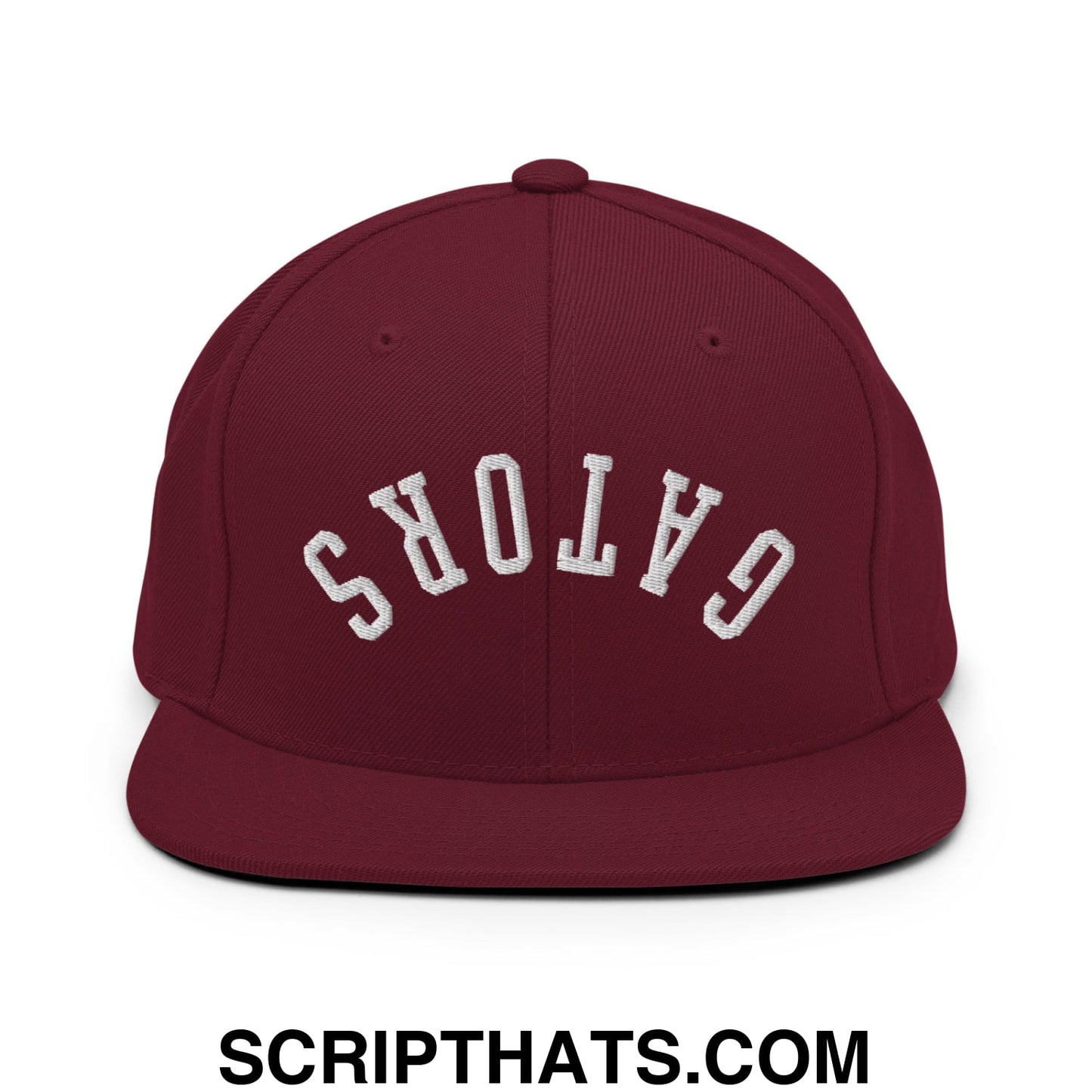 Maroon snapback cap with white embroidered gators lettering in an arched design and flat bill brim