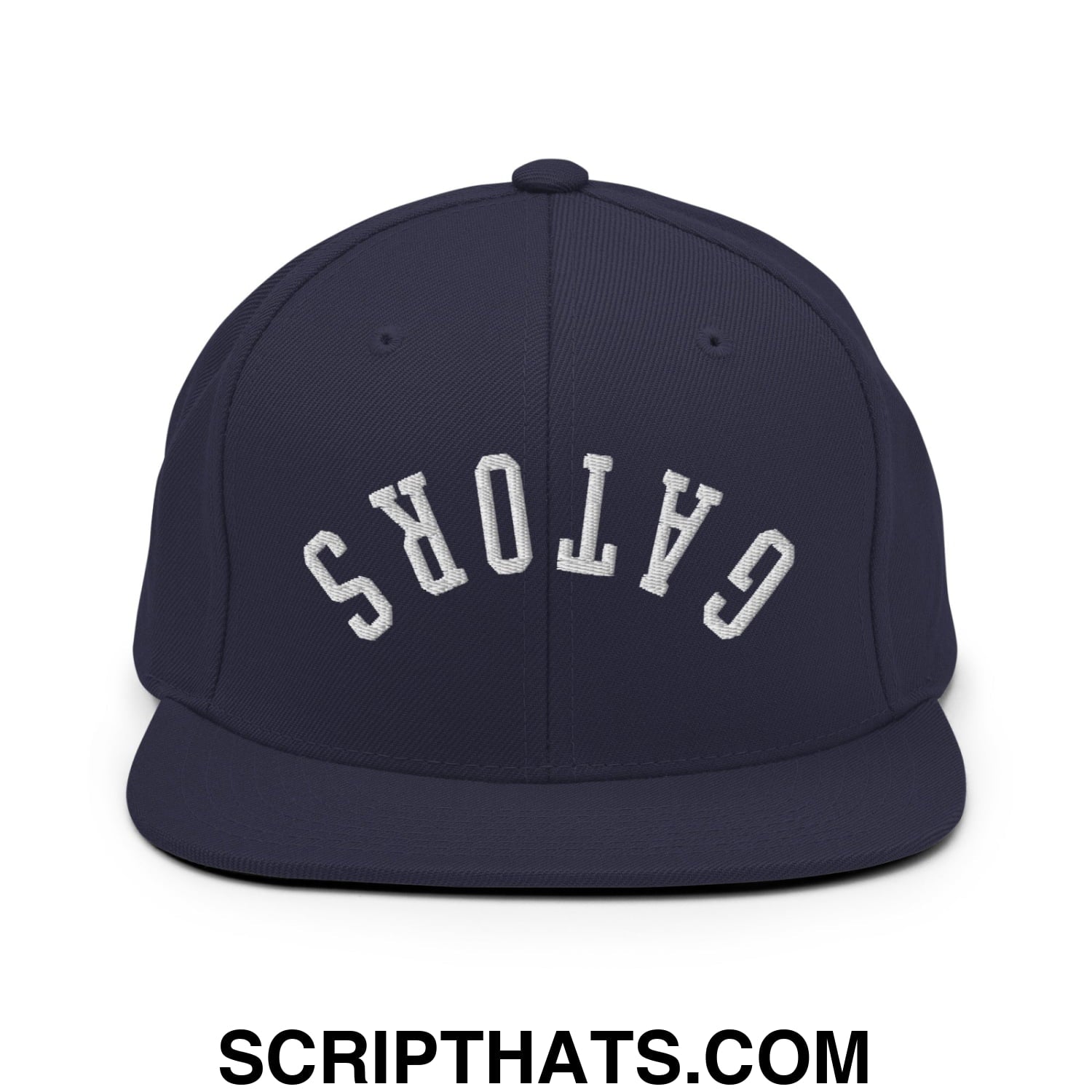 Navy blue snapback hat with white embroidered gators lettering in an arched design and flat bill brim