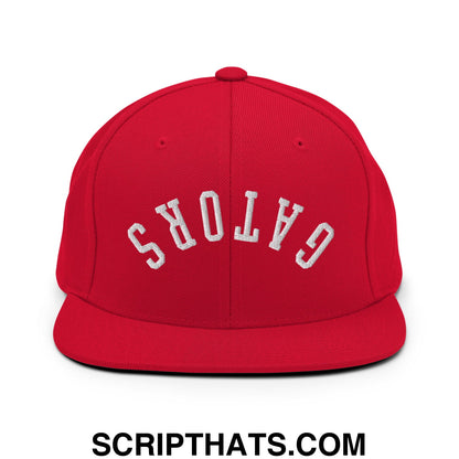 Red snapback cap with white embroidered gators lettering and flat bill brim for casual wear