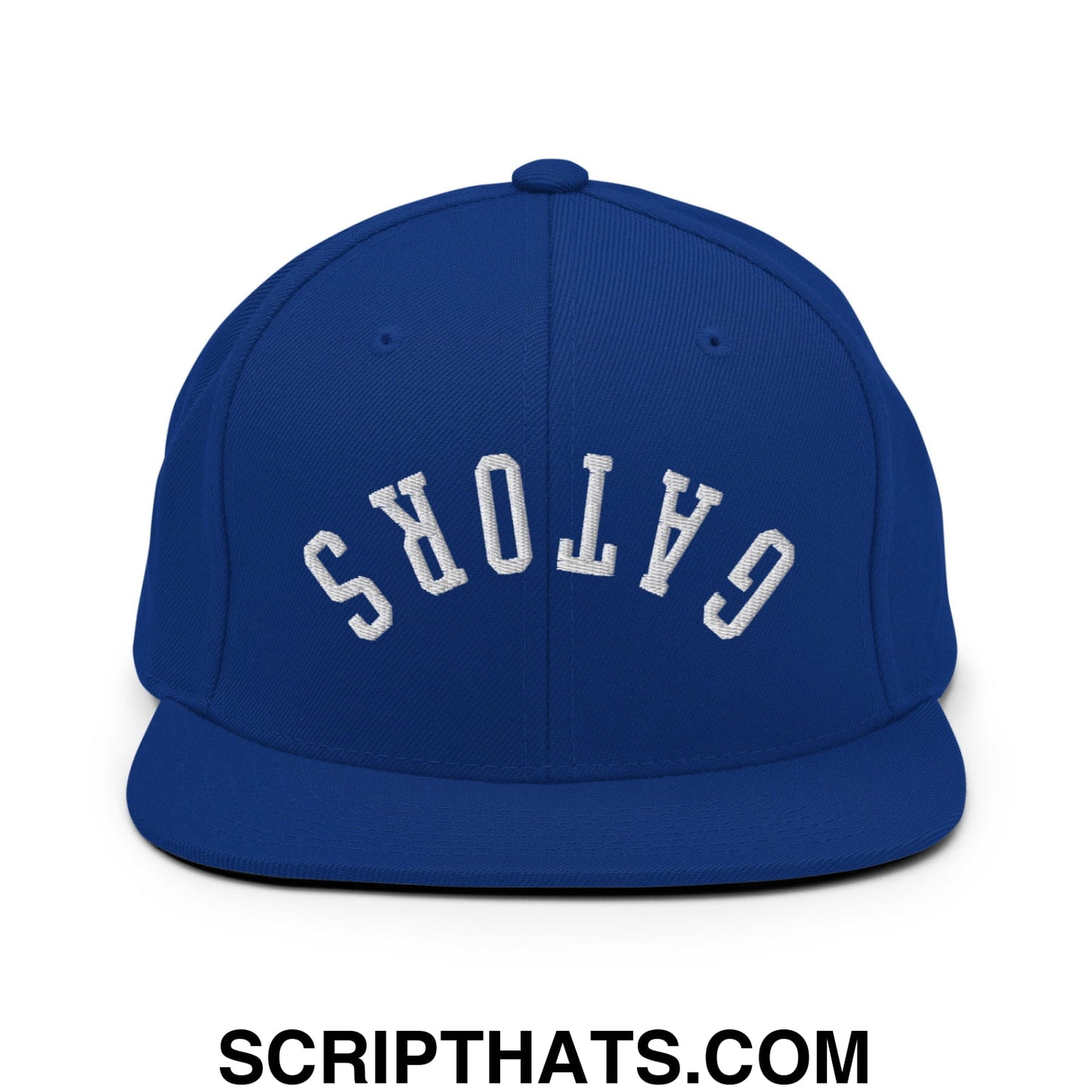 Royal blue snapback hat with white embroidered gators lettering and flat bill brim for casual wear