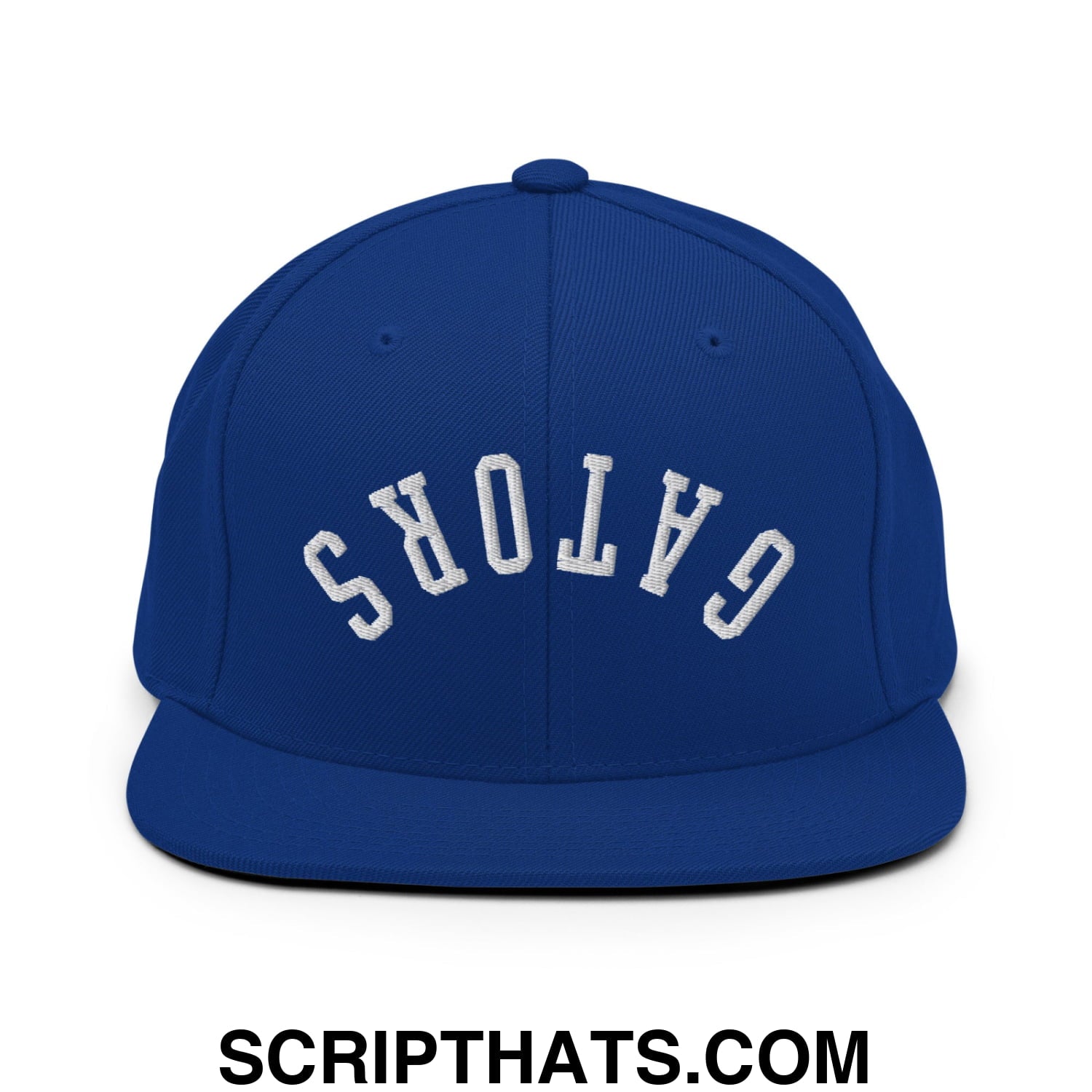 Royal blue snapback hat with white embroidered gators lettering and flat bill brim for casual wear