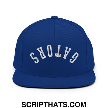 Royal blue snapback hat with white embroidered gators lettering and flat bill brim for casual wear