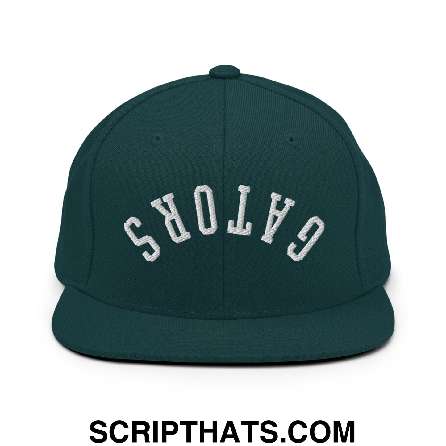 Dark green snapback cap with white embroidered gators lettering in an arched design and flat bill brim