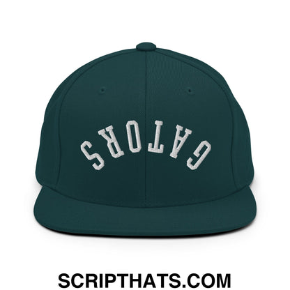 Dark green snapback cap with white embroidered gators lettering in an arched design and flat bill brim