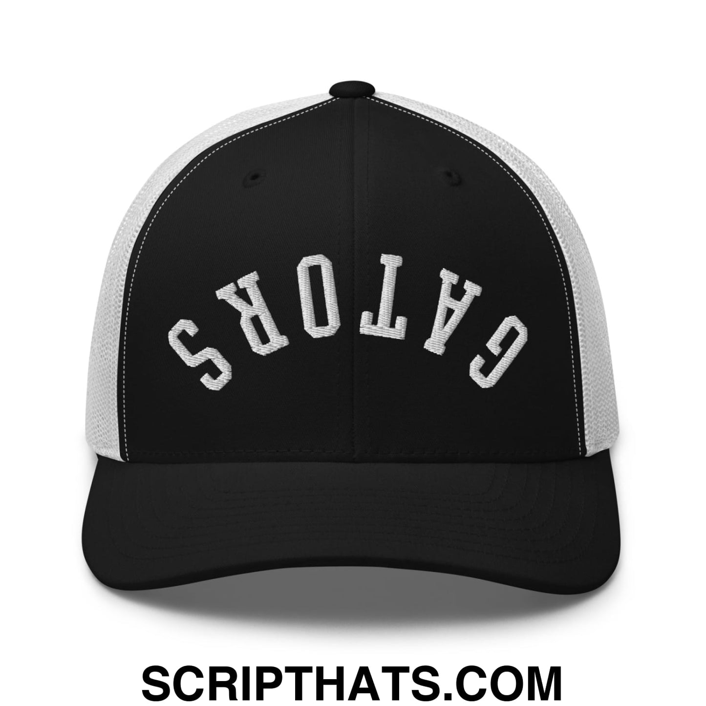 Upside Down Gators Embroidered Mesh Trucker Hat Black White