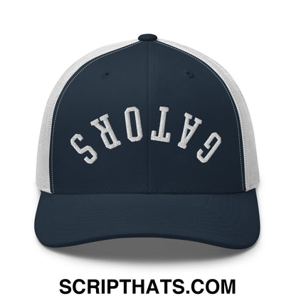 Upside Down Gators Embroidered Mesh Trucker Hat Navy White