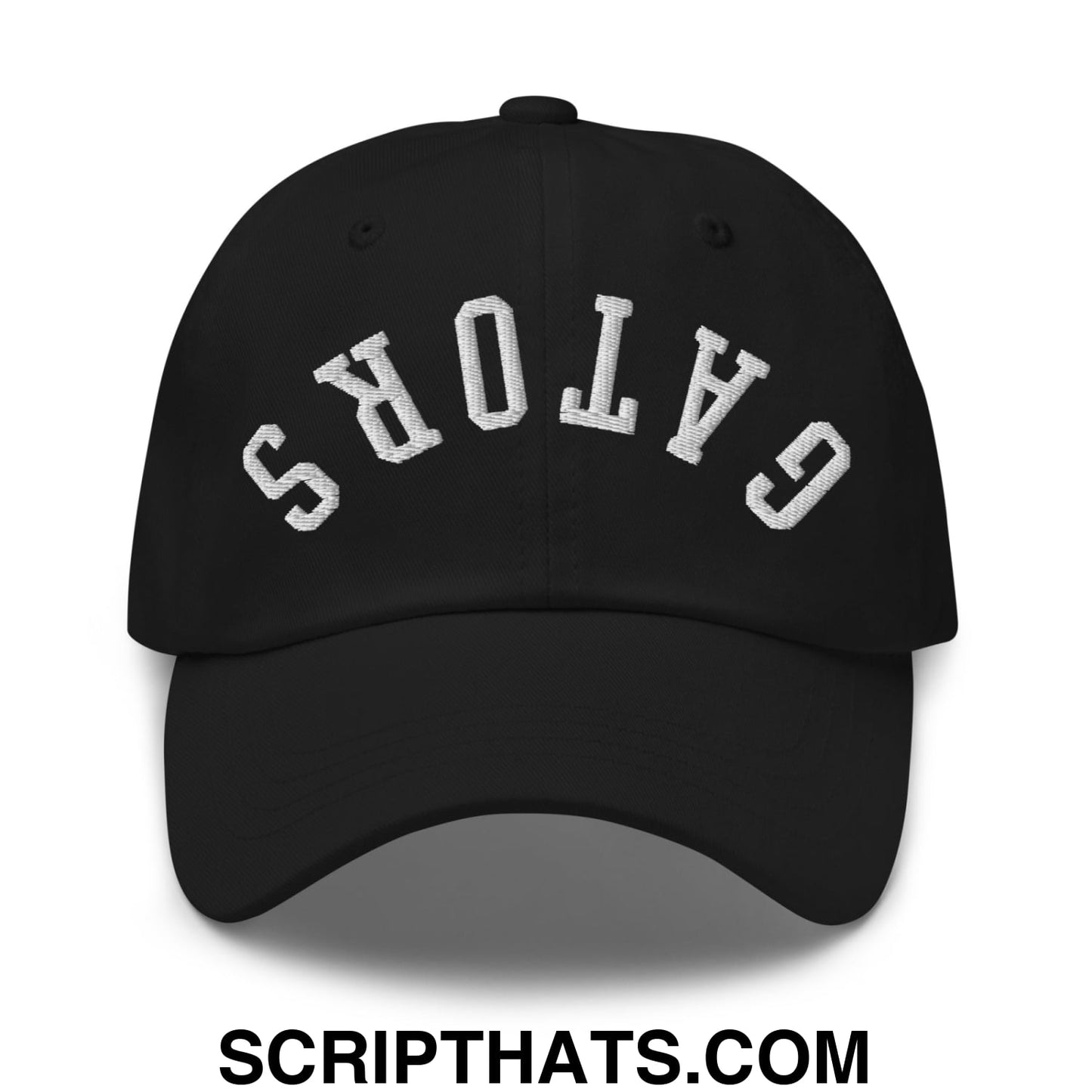 Black unstructured dad hat with white embroidered gators lettering in an arched design for casual wear