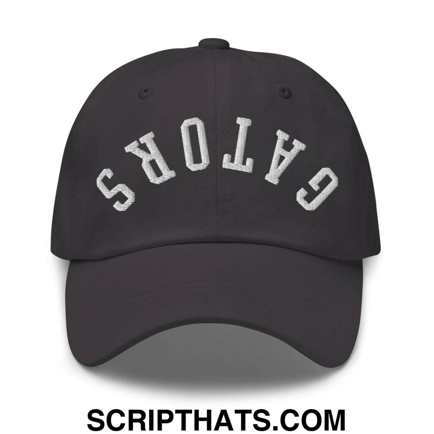 Black unstructured dad hat with white embroidered gators lettering in an arched design for casual wear
