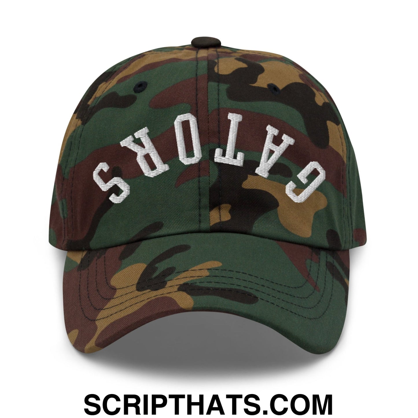 Camouflage unstructured dad hat with white embroidered gators lettering upside down on the front panel