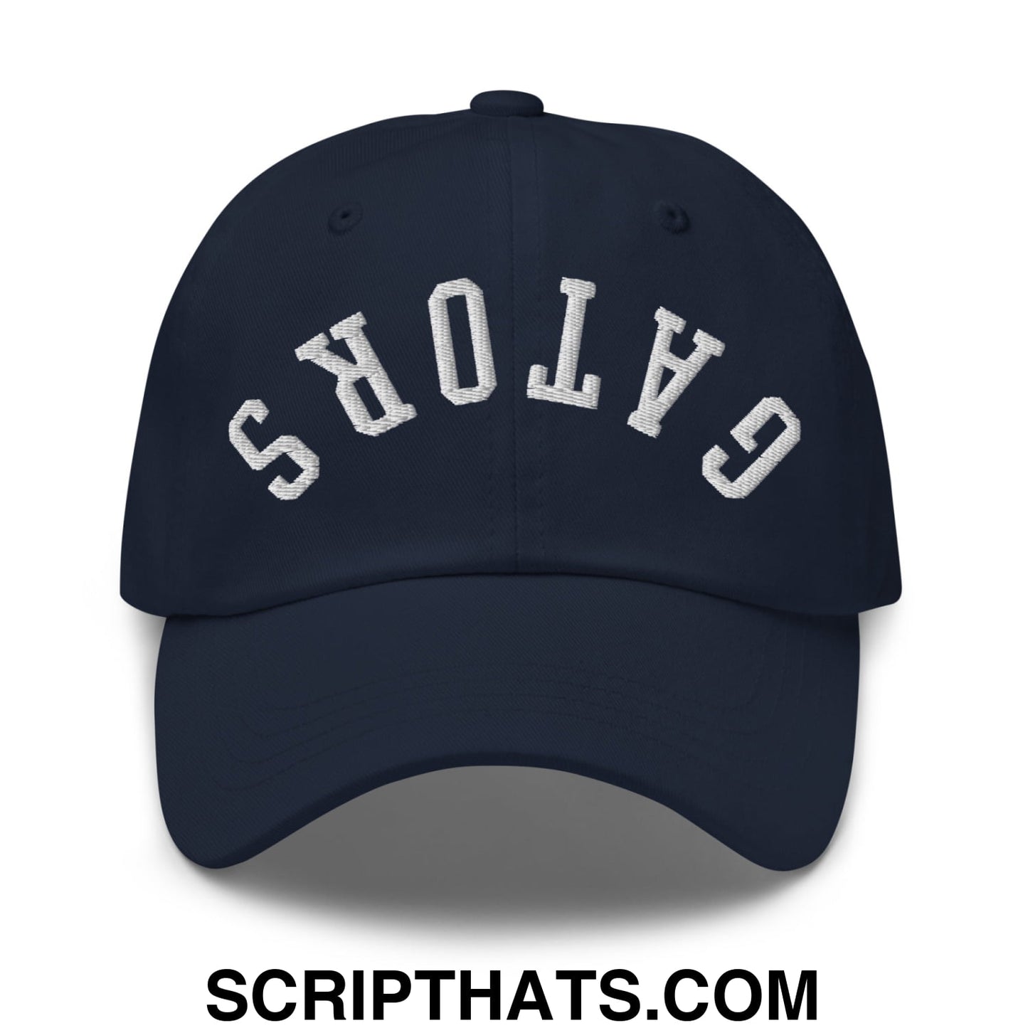 Navy blue unstructured dad hat with white embroidered gators lettering in an arched design front view