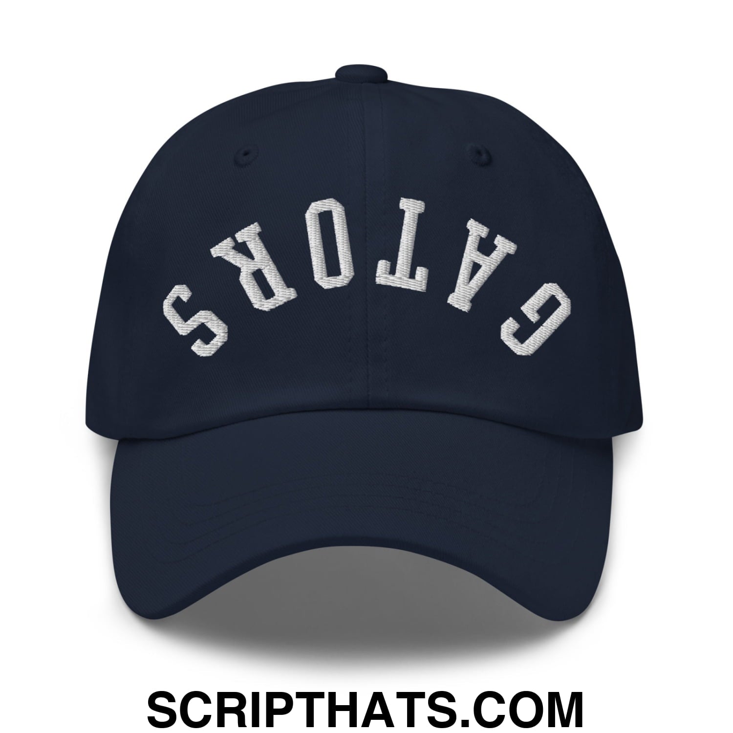 Navy blue unstructured dad hat with white embroidered gators lettering in an arched design front view