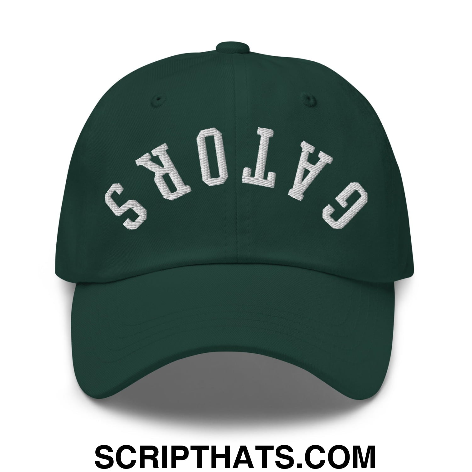 Dark green unstructured dad hat with white embroidered gators lettering in an arched design