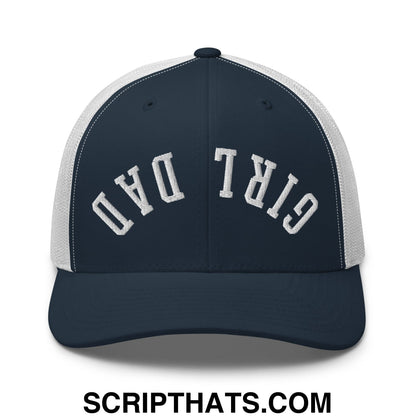 Upside Down Girl Dad Embroidered Mesh Trucker Hat Navy White