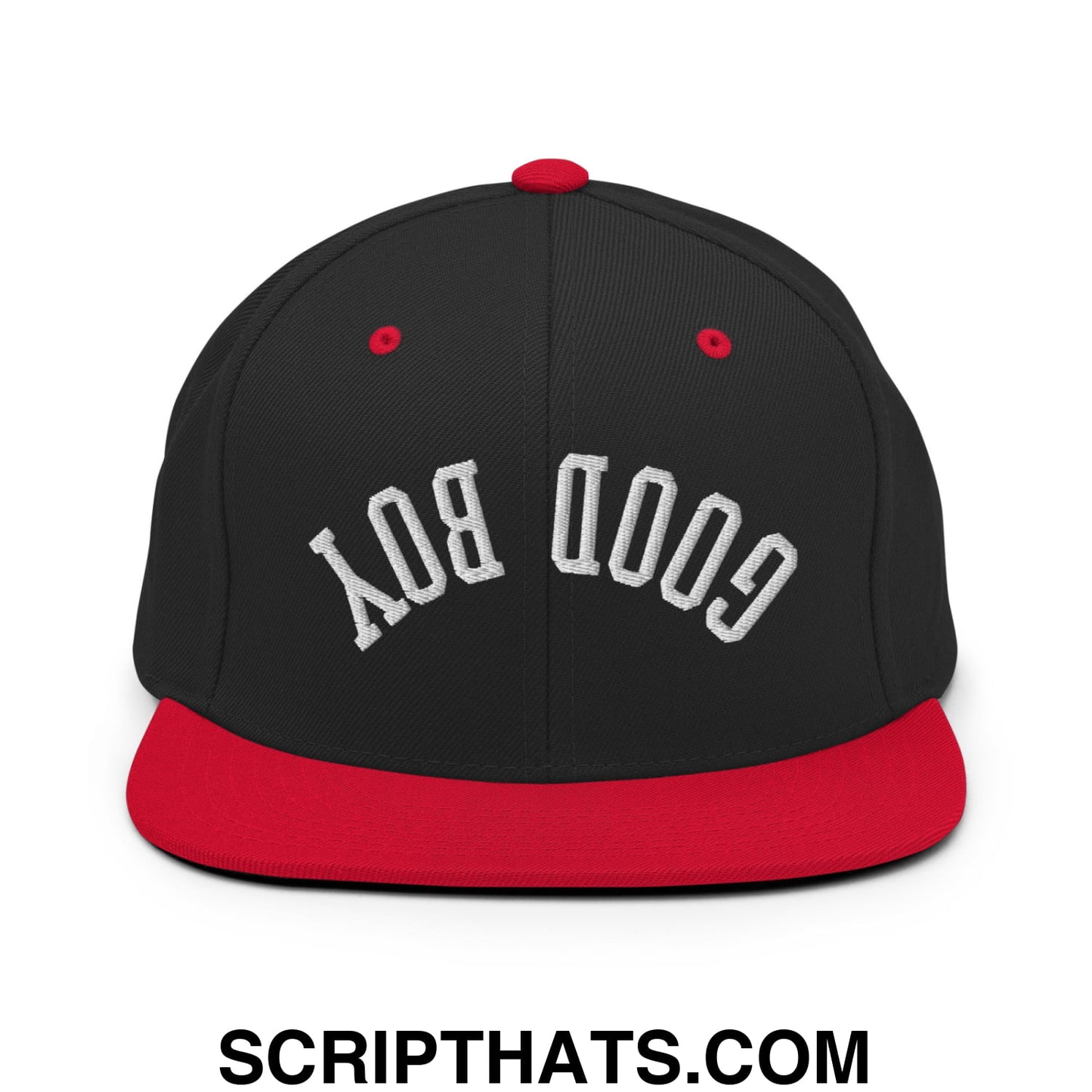Black and red snapback cap with white embroidered good boy lettering and flat bill brim for casual wear
