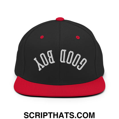 Black and red snapback cap with white embroidered good boy lettering and flat bill brim for casual wear